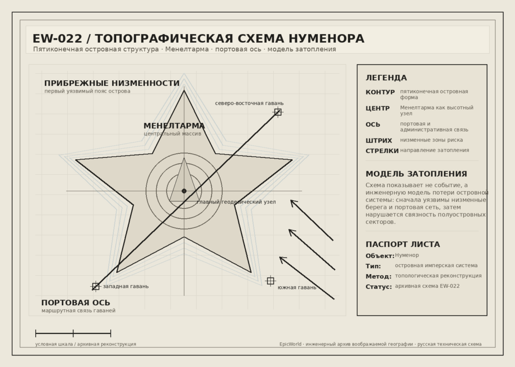Топографическая схема Нуменора: пятиконечный островной контур, Менелтарма, портовая ось и модель затопления