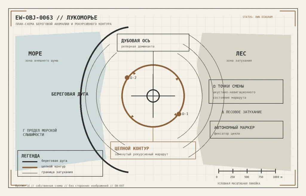 План-схема Лукоморья: береговая дуга, дубовая ось, цепной контур, море, лес и зоны затухания