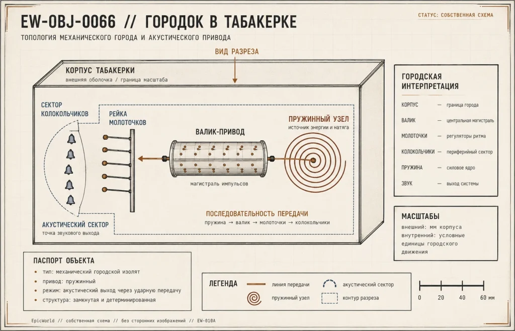 Схема Городка в табакерке: разрез музыкального прибора, валик-привод, молоточки, колокольчики, пружинный узел и акустический сектор