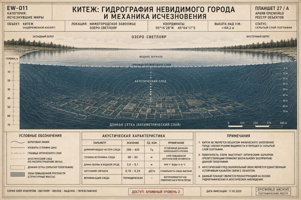 Карта-разрез Китежа у озера Светлояр: водное зеркало, донная сетка, скрытая топография и акустические круги исчезновения