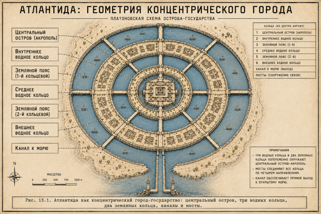Схема Атлантиды Платона: концентрический город с центральным акрополем, водными кольцами, земляными поясами и каналом к морю
