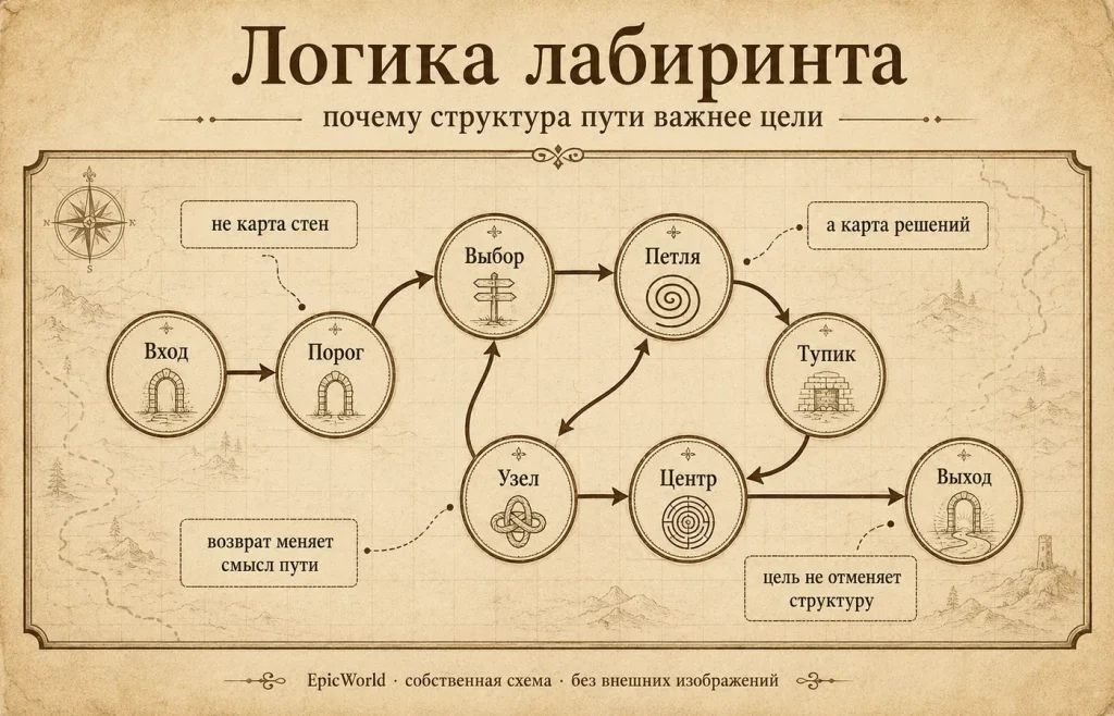 Схема «Логика лабиринта»: путь, петли, узлы и выход