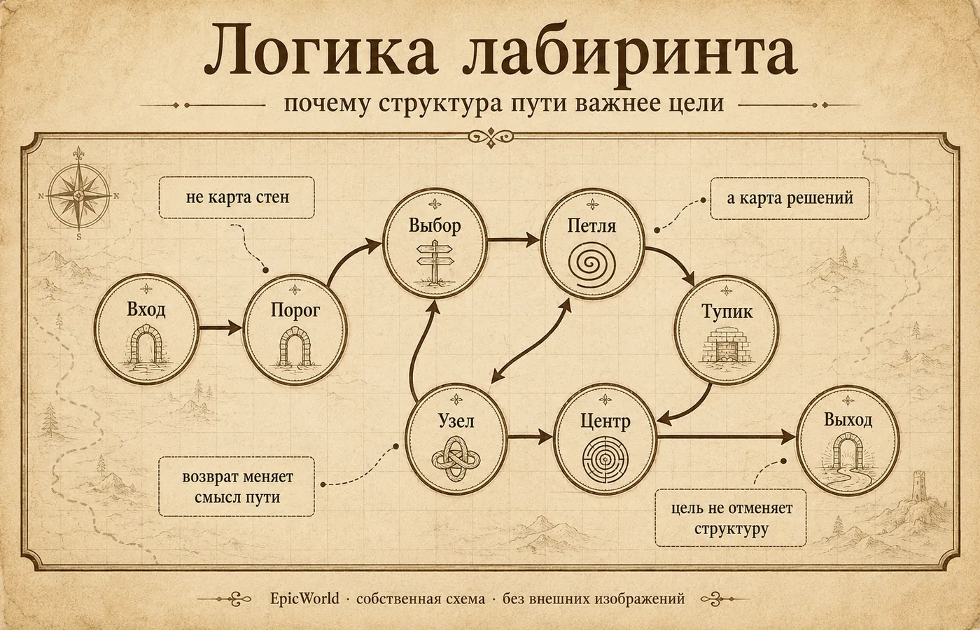Схема «Логика лабиринта»: путь, петли, узлы и выход