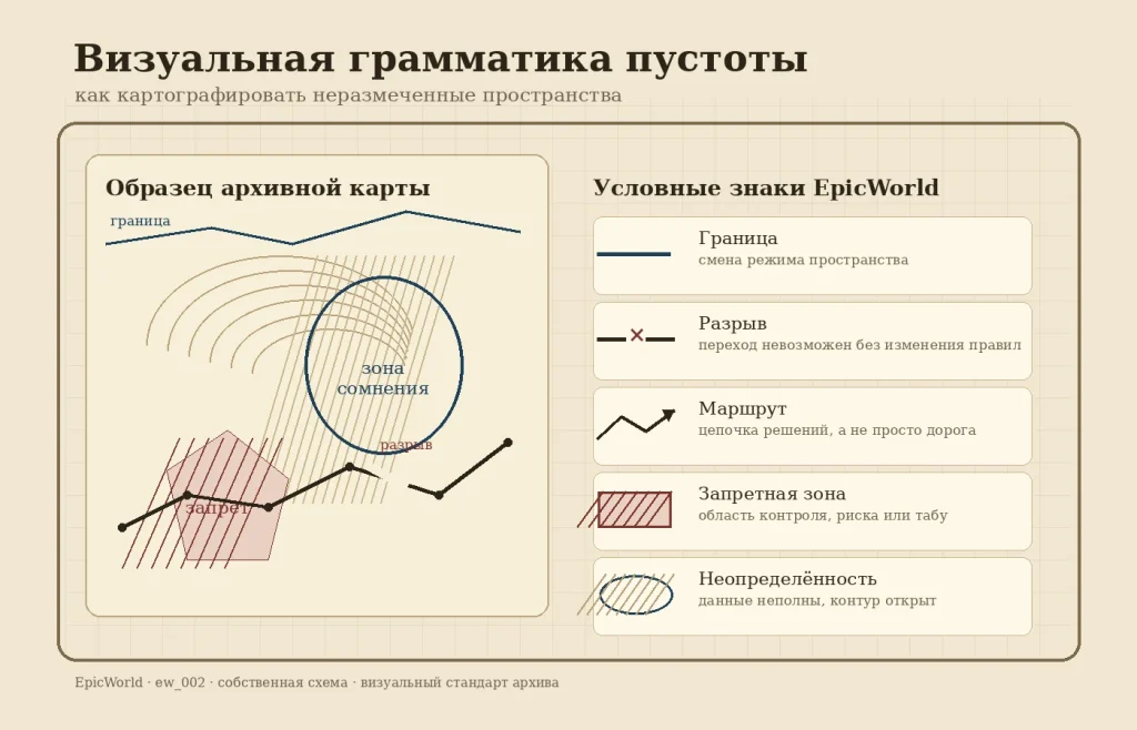 Схема визуальной грамматики EpicWorld: границы, разрывы, маршруты, запретные зоны и области неопределённости