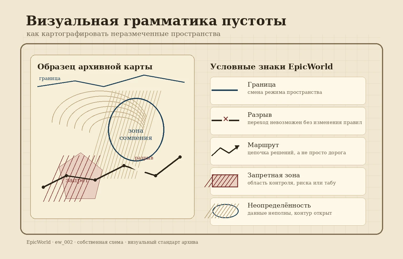 Схема визуальной грамматики EpicWorld: границы, разрывы, маршруты, запретные зоны и области неопределённости