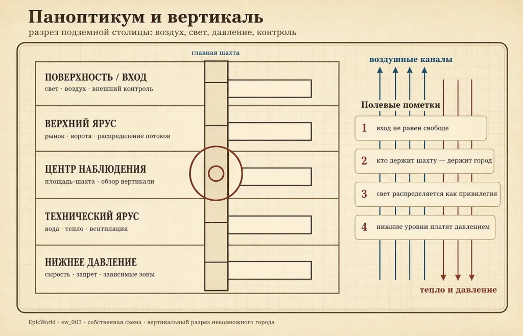 Исправленная схема подземной столицы EpicWorld: вертикальные ярусы, шахта, давление, воздух и контроль потоков